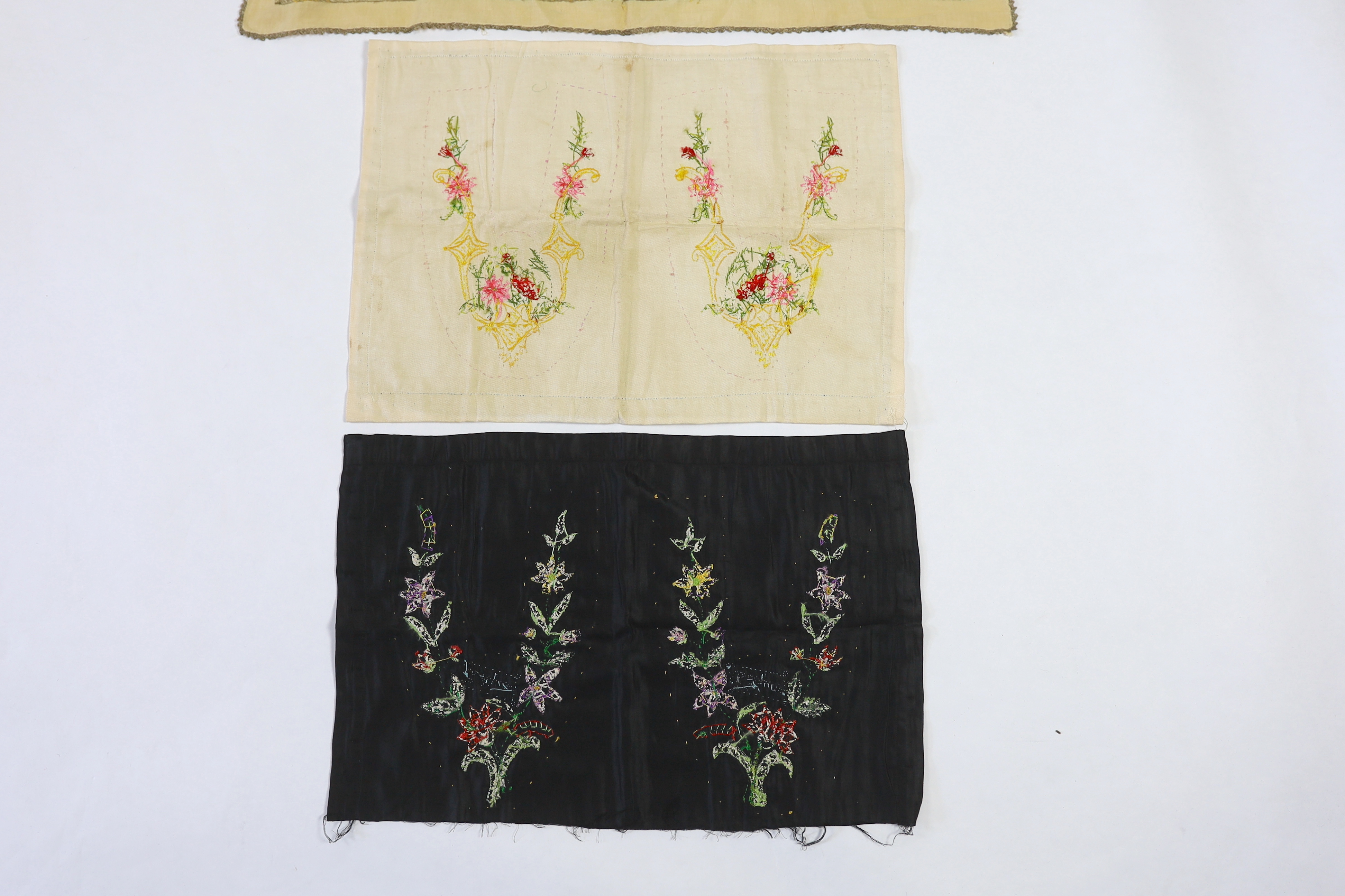 Two pairs of late 19th century black velvet silk embroidered slipper fronts (uncut), together with a cotton gold thread embroidered cloth, cloth 82cm square